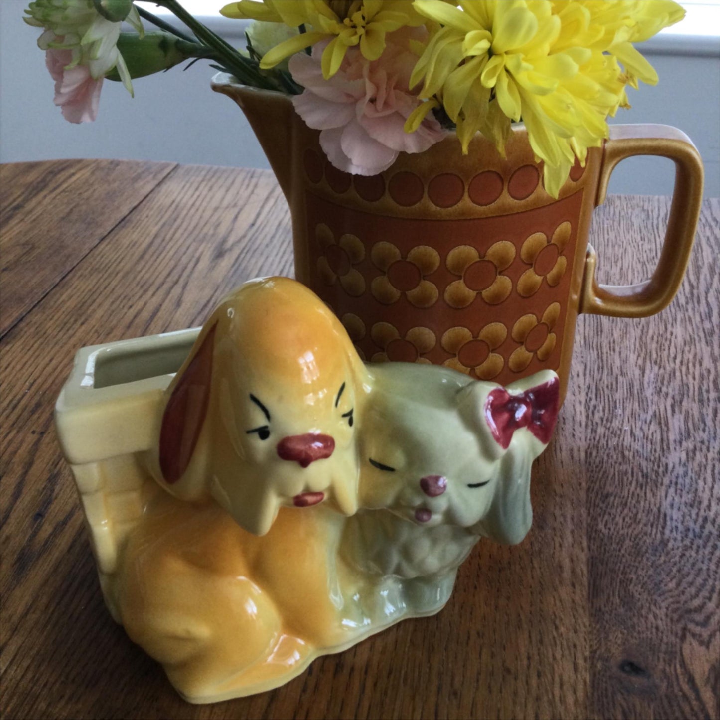 Retro Ceramic Hound Pekingese Shih-Tzu Dogs Planter #611 Vase 1950s American