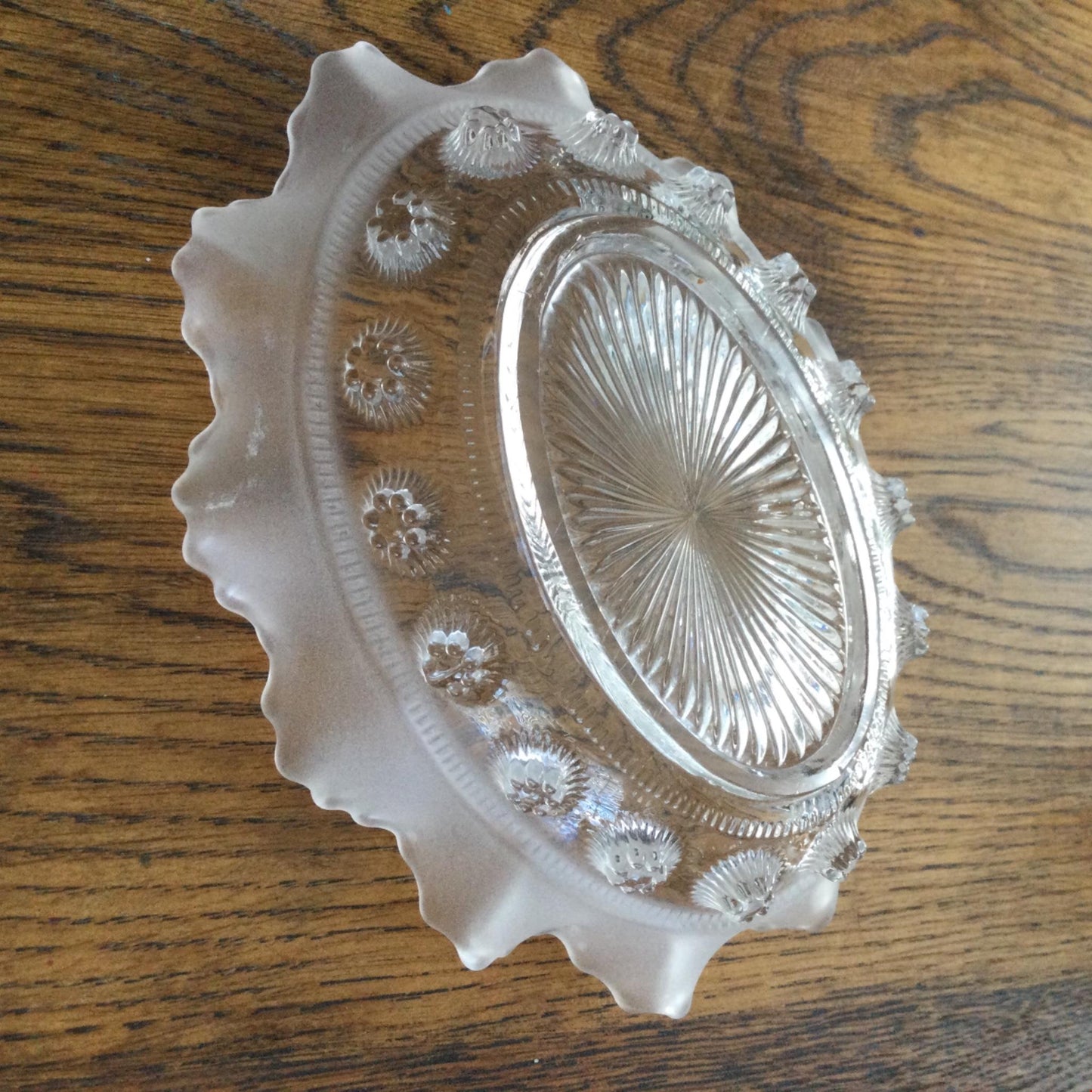 Vintage pressed glass trinket dish small bowl fluted edge, sand blasted