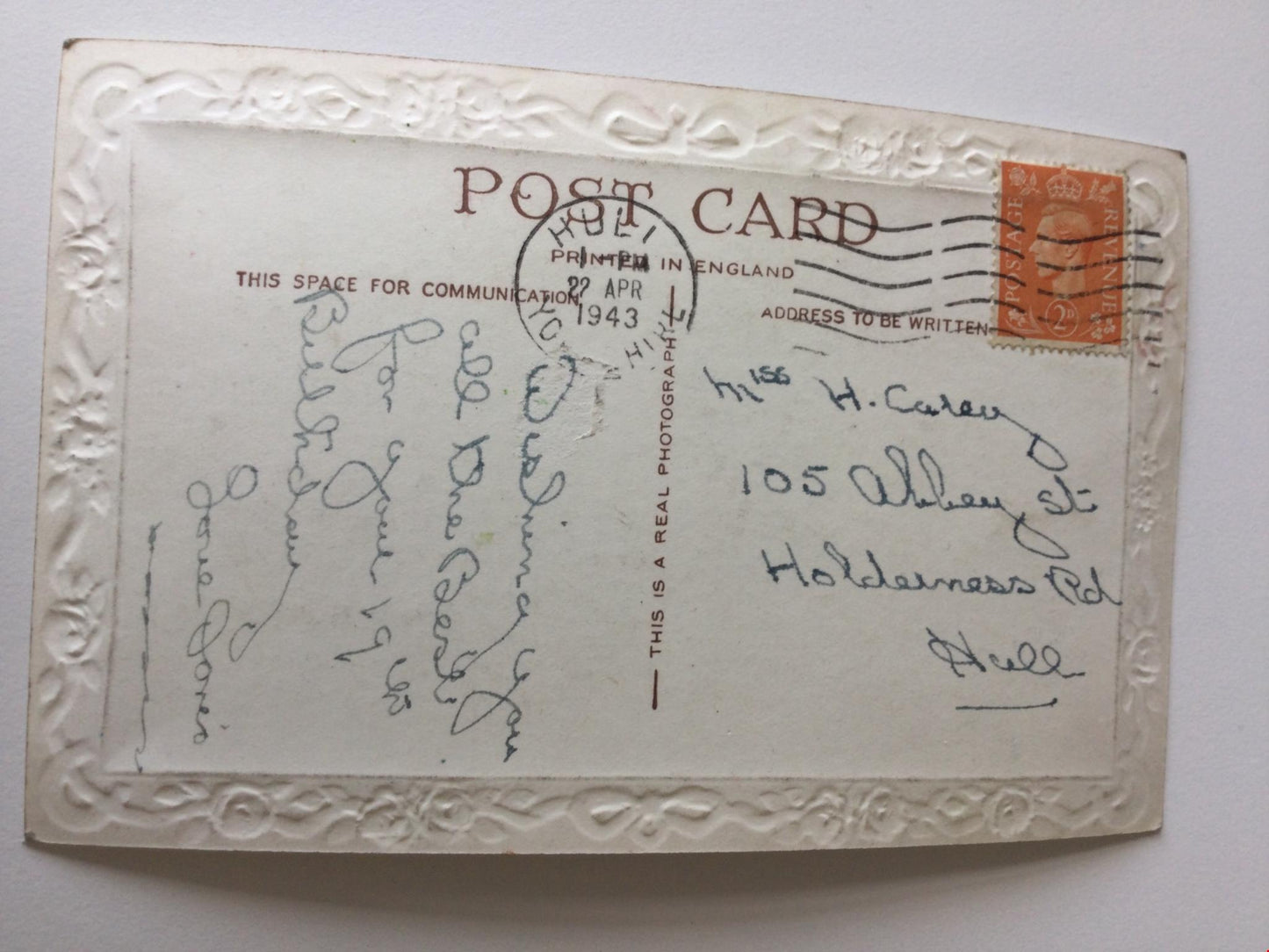 Vintage BIRTHDAY Greetings Postcard 1943 1940s Rose photo hand tinted nice poem