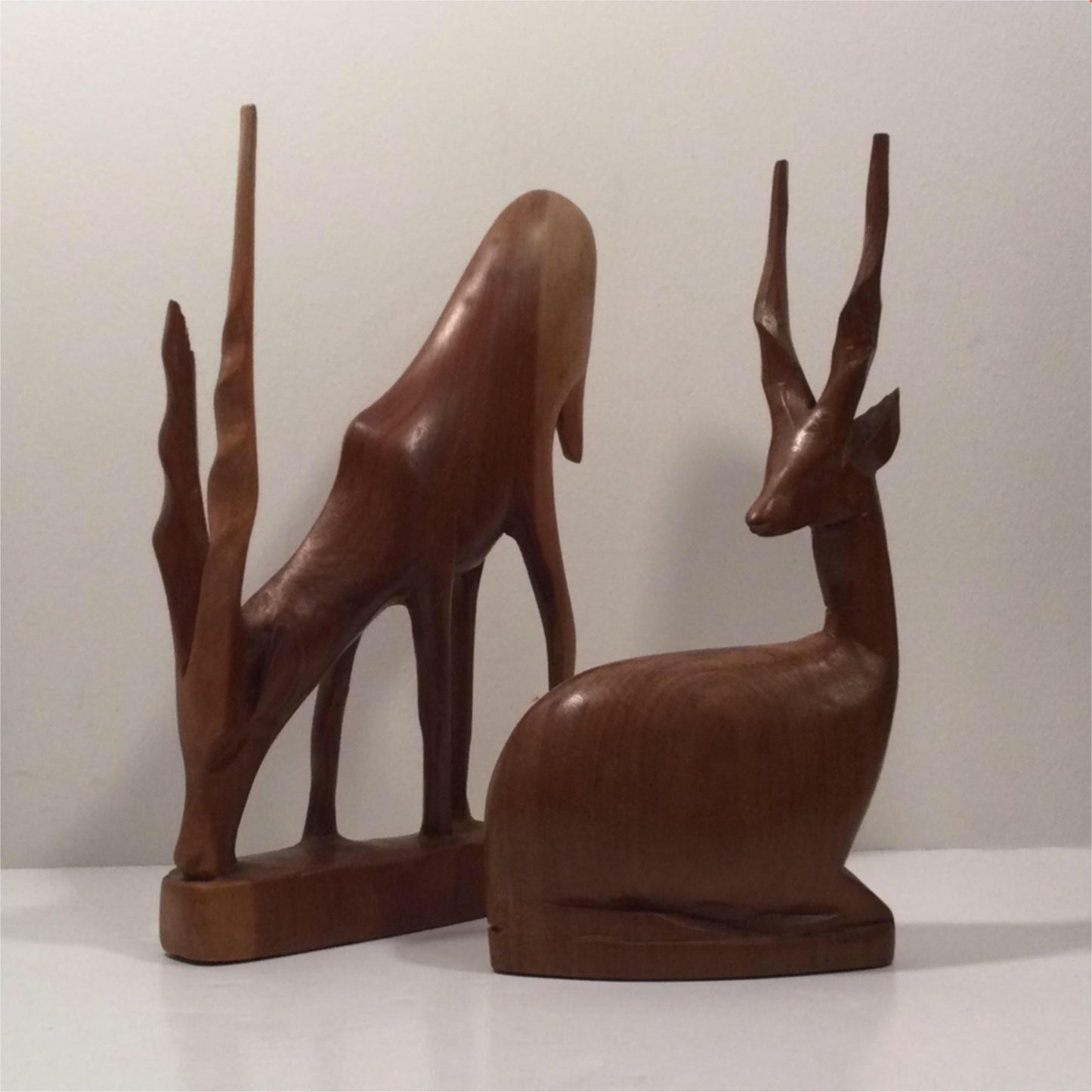 Pair Wooden Carved Antelopes Gazelles African 50s 60s 70s One has damage to horn