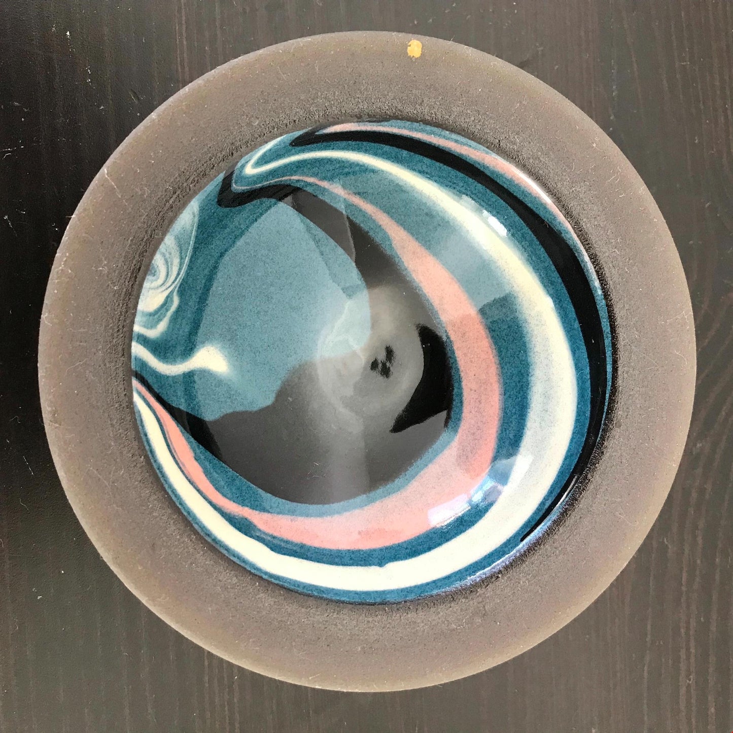 Earthenware trinket dish/ bowl. Jan Bainbridge-Perry. Bainbridge Island Pottery Eumundi. Swirl glaze blue pink brown