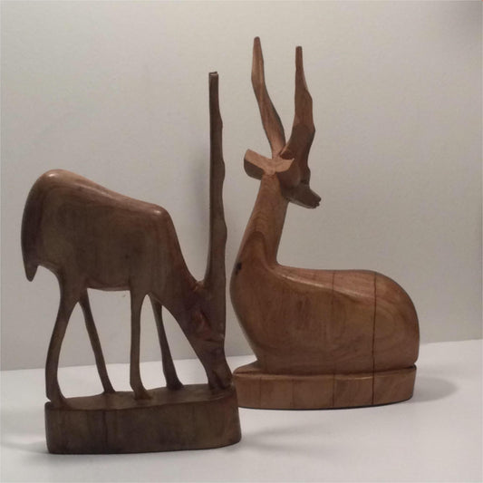 Pair of Wooden Carved Antelopes / Gazelles - African 50s 60s 70s - Some splits in wood