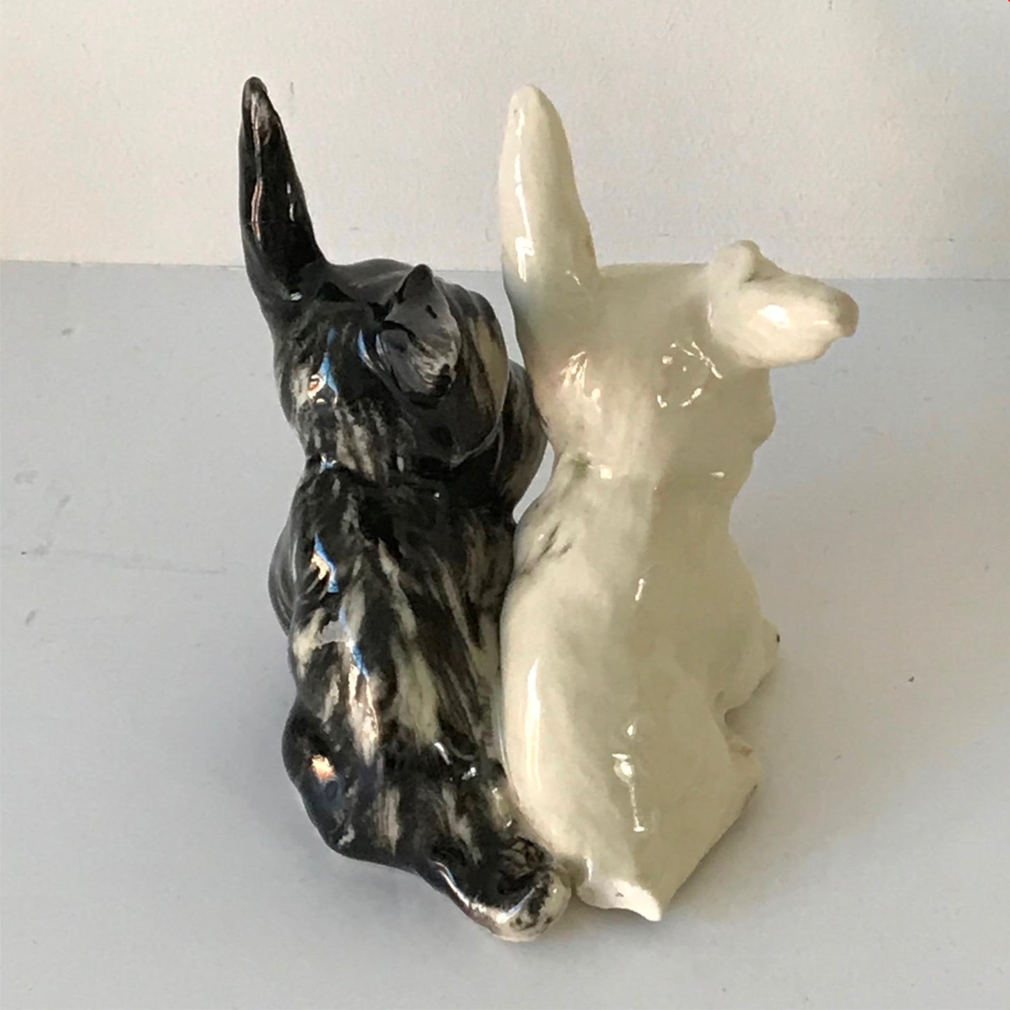 Cute vintage scottie / westie dog ornament - pair of small terriers black white pointed long ears