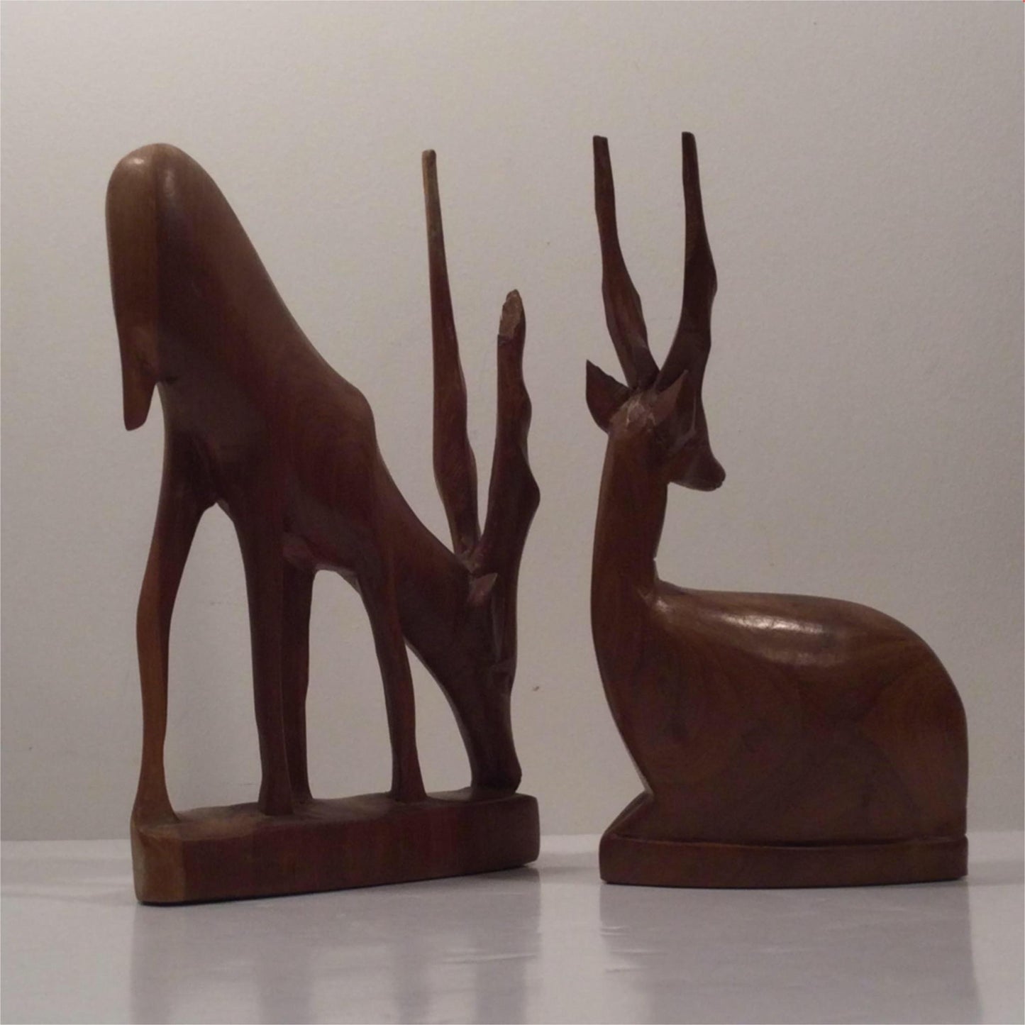 Pair Wooden Carved Antelopes Gazelles African 50s 60s 70s One has damage to horn