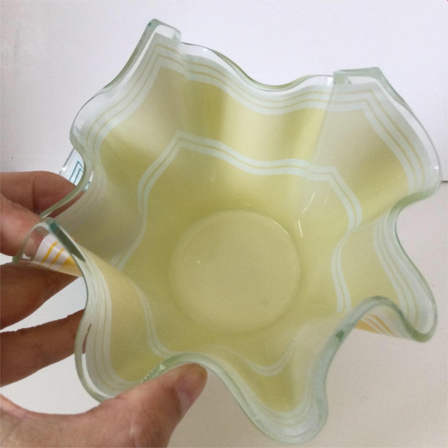 Pair of Vintage Yellow Aqua Green Chance Bros Glass Handkerchief Vases / bowls Bandel-2