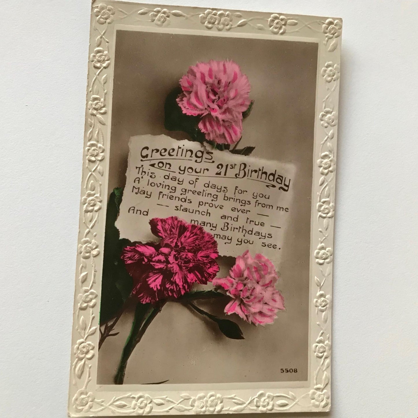 Vintage 21st BIRTHDAY Greetings Postcard RP tinted carnations nice poem Friends