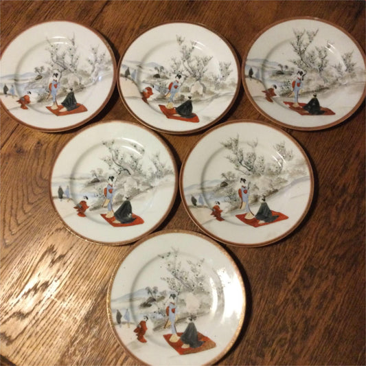 Set of 6 side plates - Vintage Chinese Hand Painted Scene 18.5 cm  figures blossom