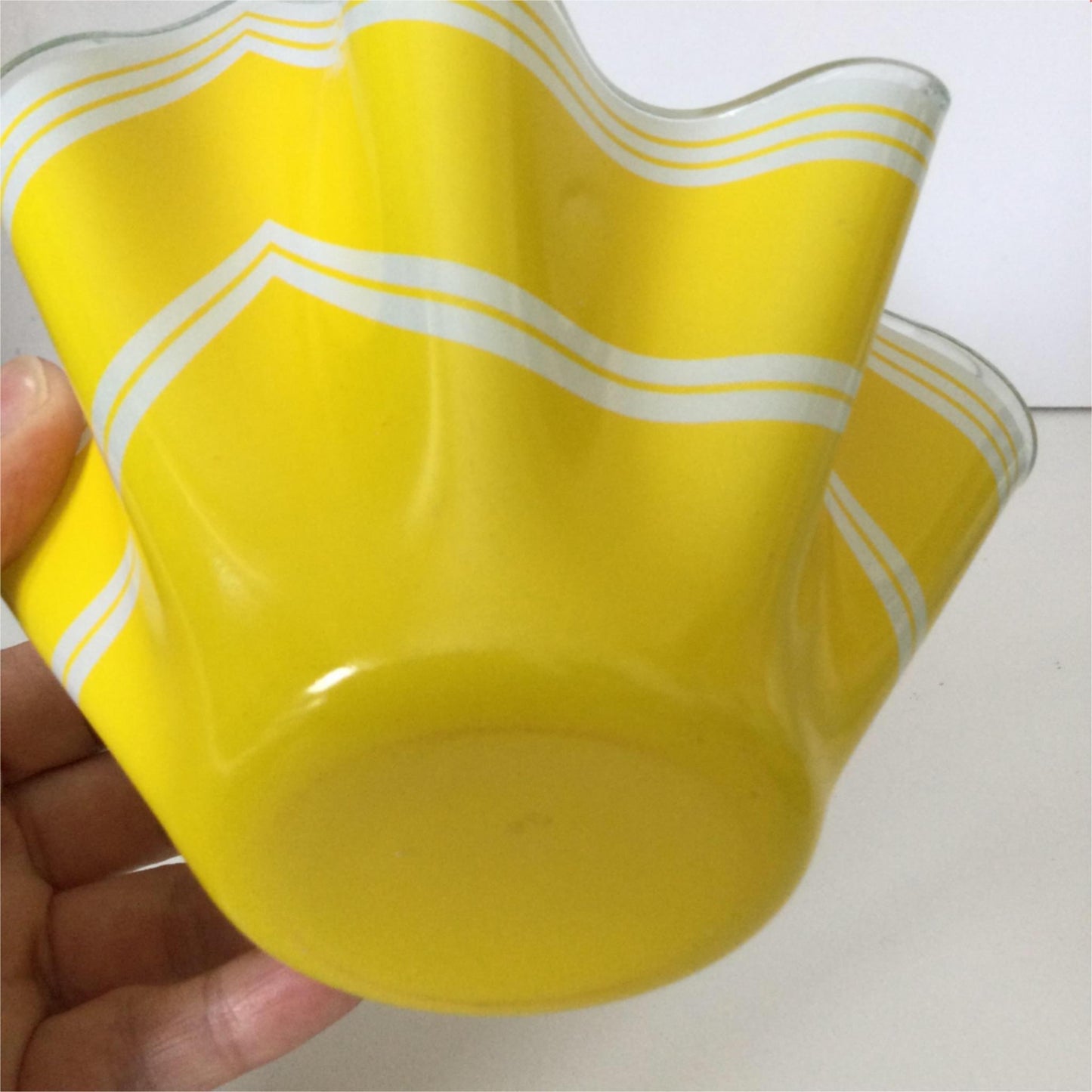 Pair of Vintage Yellow Aqua Green Chance Bros Glass Handkerchief Vases / bowls Bandel-2