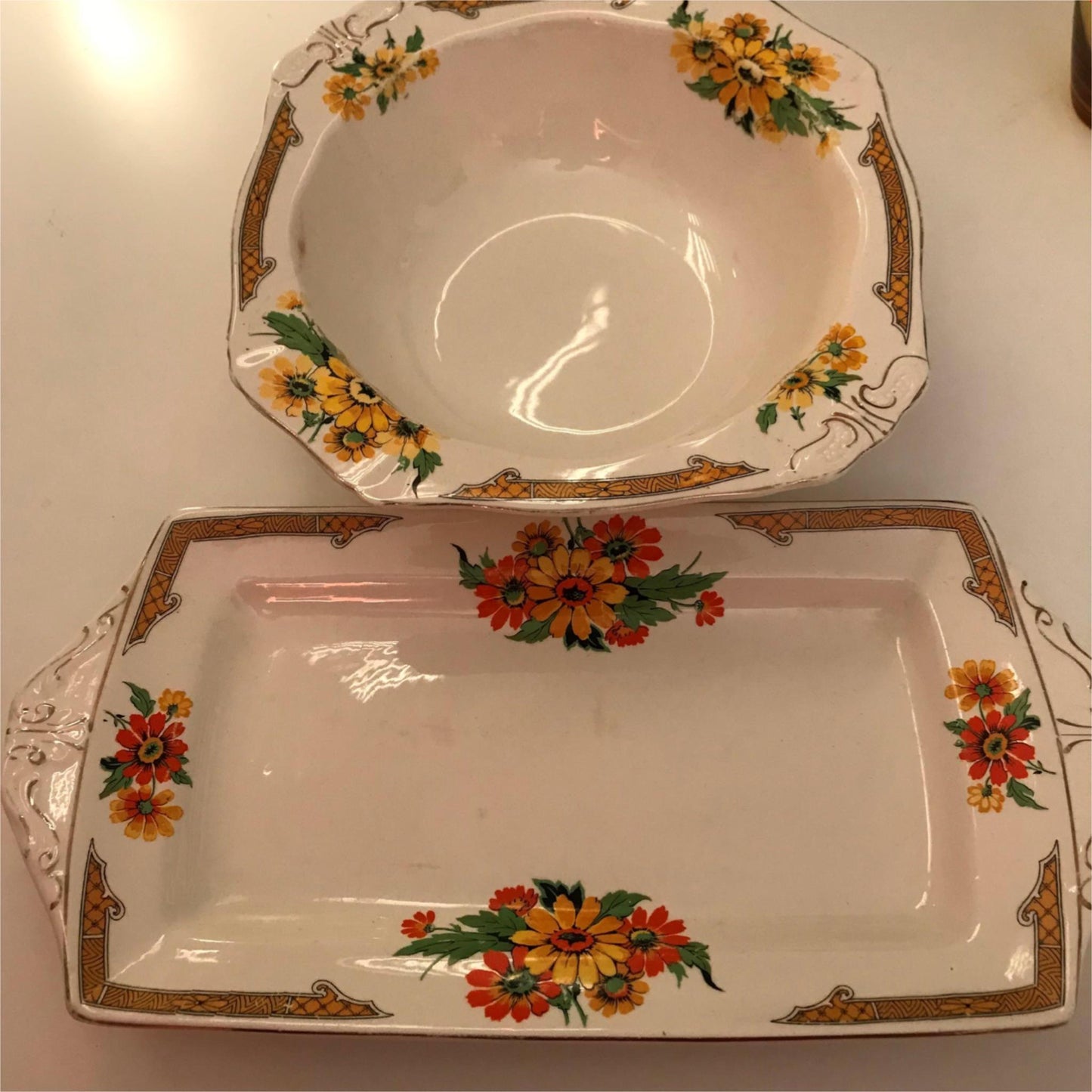Vintage ALFRED MEAKIN sandwich plate and vegetable dish bowl marigold design