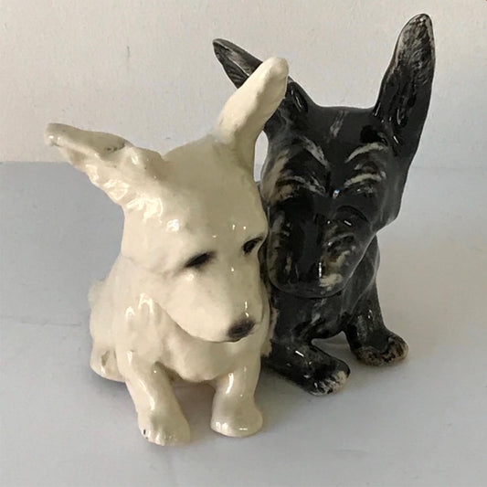 Cute vintage scottie / westie dog ornament - pair of small terriers black white pointed long ears