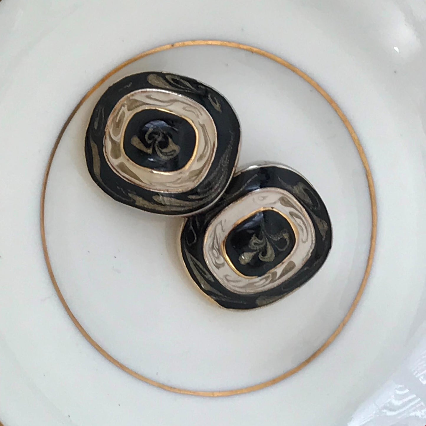 Vintage Clip-On Earrings - Statement - Gold colour with black & cream enamel - bold - chunky