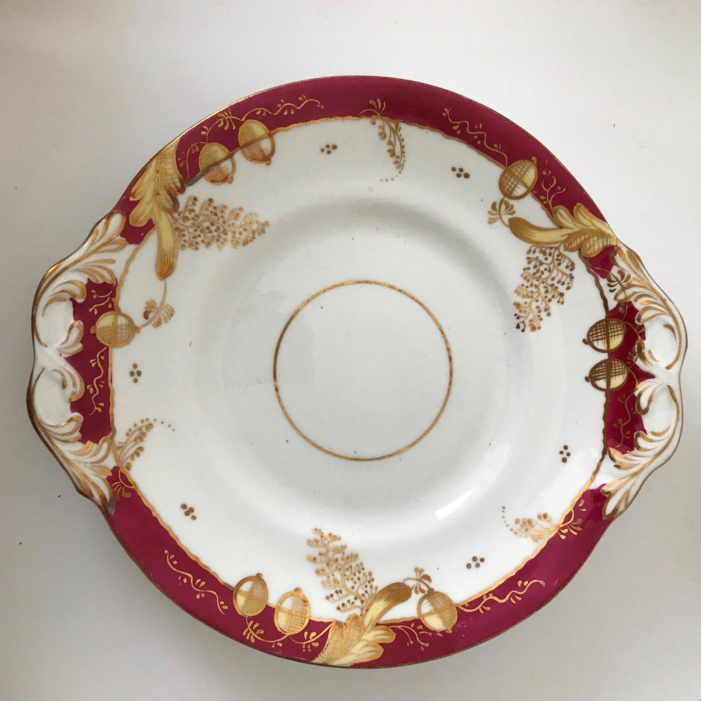 Festive bone china plate small platter Christmas Deep burgundy / pink & gold c.1920s 9” serving plate