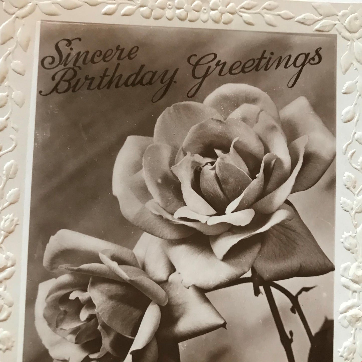 Vintage BIRTHDAY Greetings Postcard sepia photo roses friends nice poem embossed