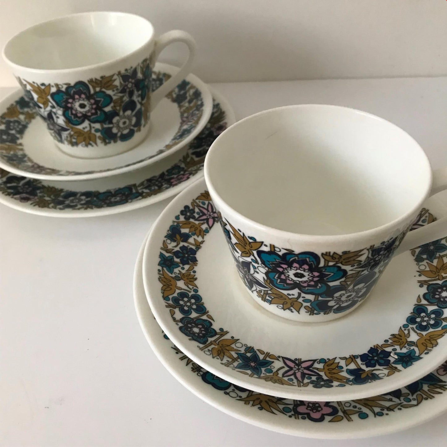 A pair of 1970s retro trios - cups, saucers & side plates ROYAL TUSCAN NOCTURNE Autumnal