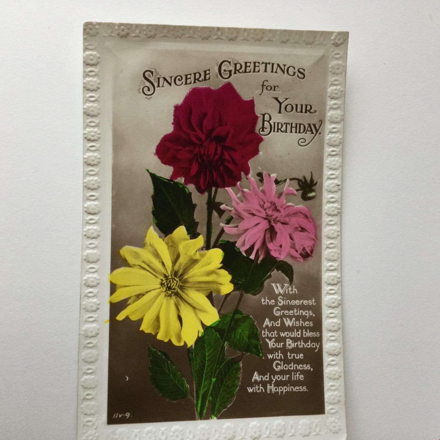 Vintage BIRTHDAY Greetings Postcard colourful flowers hand tinted sepia