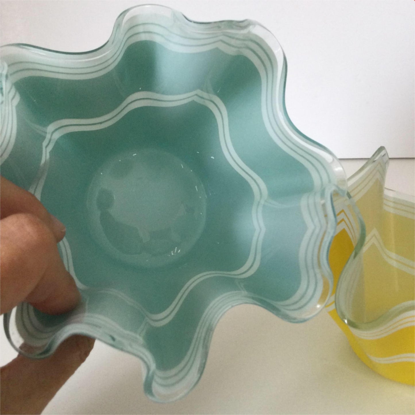 Pair of Vintage Yellow Aqua Green Chance Bros Glass Handkerchief Vases / bowls Bandel-2