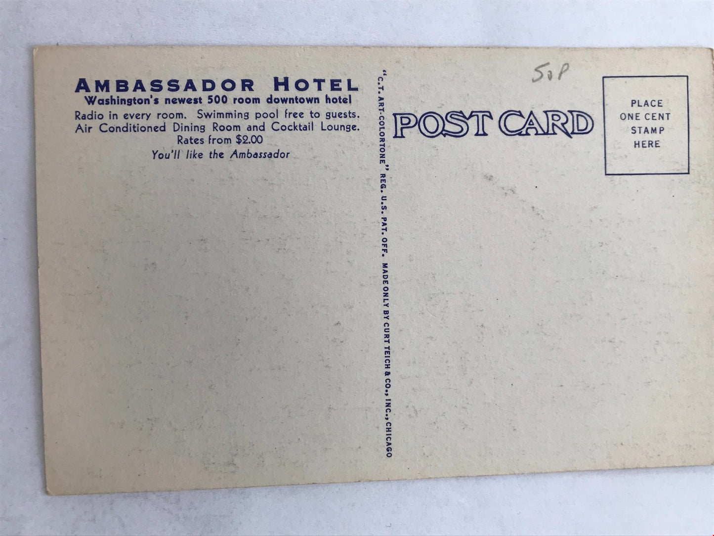 Vintage Postcard - USA - AMBASSADOR HOTEL WASHINGTON DC - 1930s