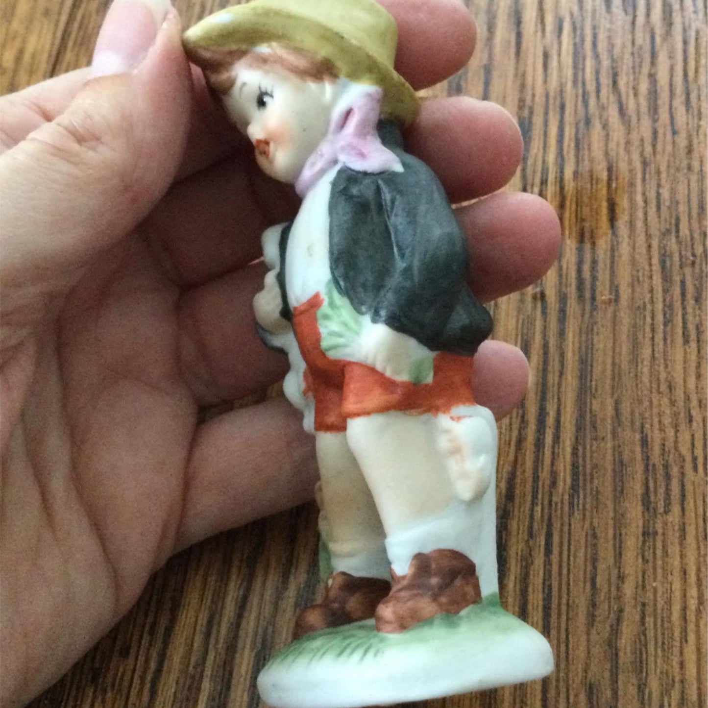 Vintage Ceramic Figurine / Ornament - Cute country boy with rabbit - Retro Kitsch