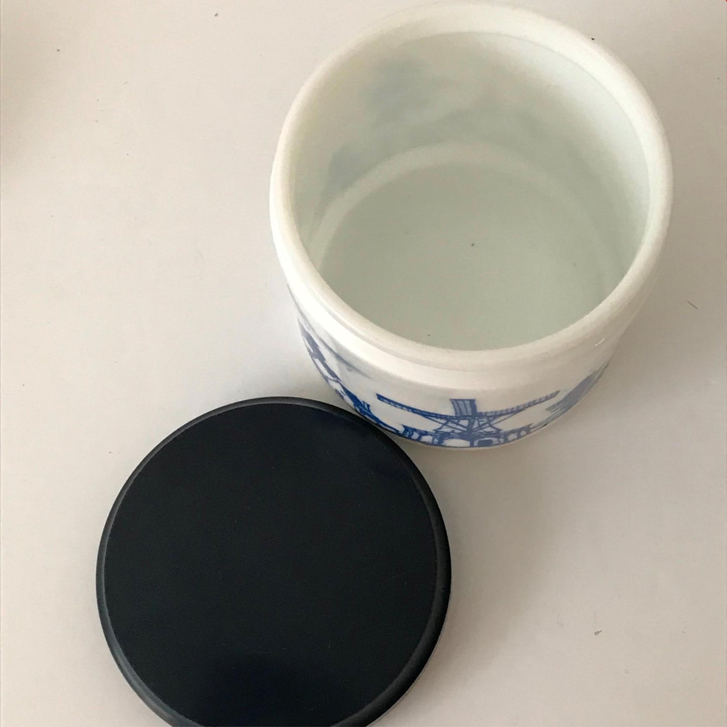 Vintage Opaline White Glass Dutch Delft Blue Storage Jar Canister Storage Jar. Windmill design.