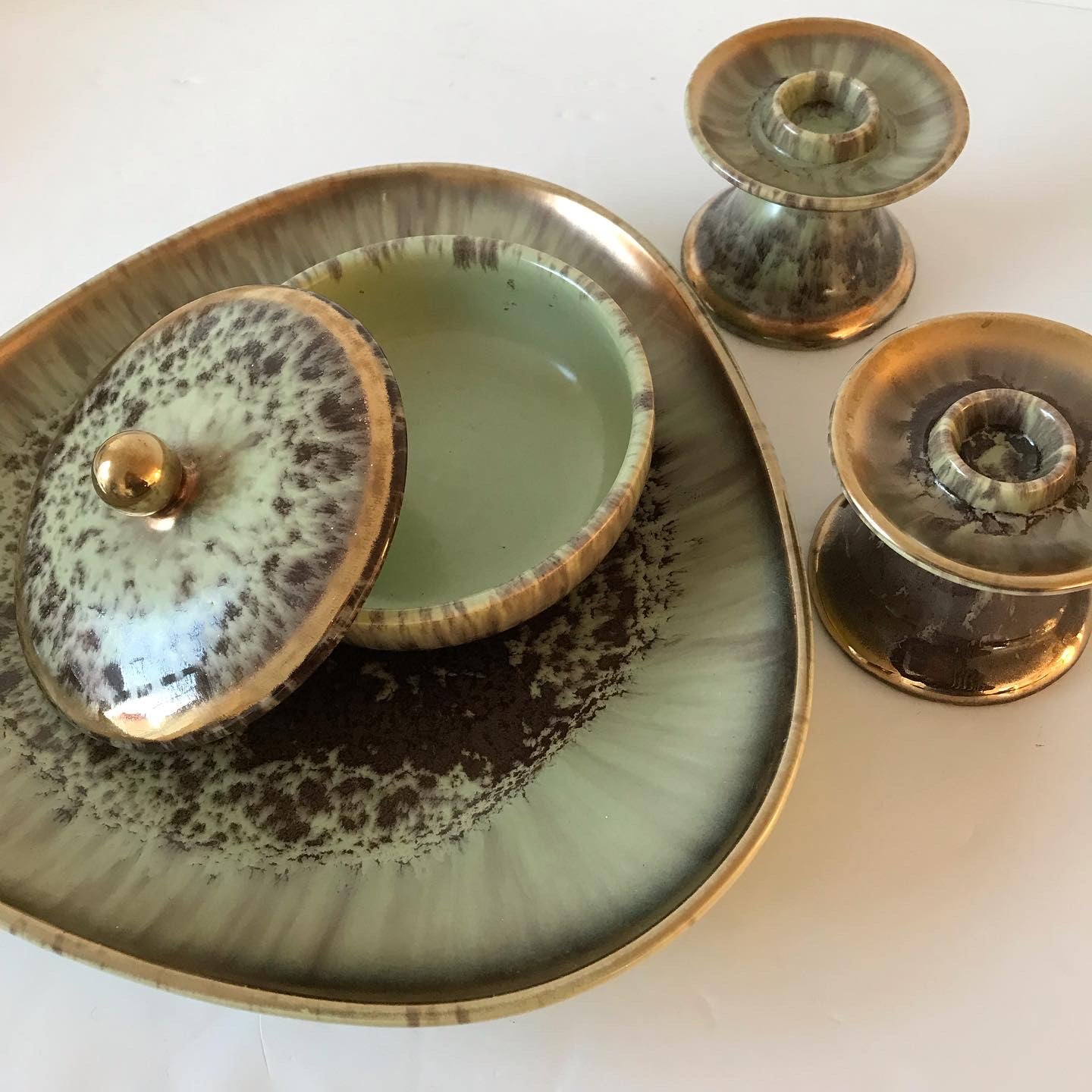 West German mid century 1950s vanity set JASBA tray, trinket dish, candle sticks for dressing table