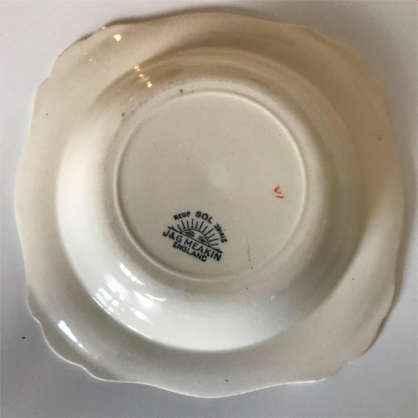 Antique 1910s Edwardian J &G MEAKIN SOL Dessert bowl cream with Green rim & floral
