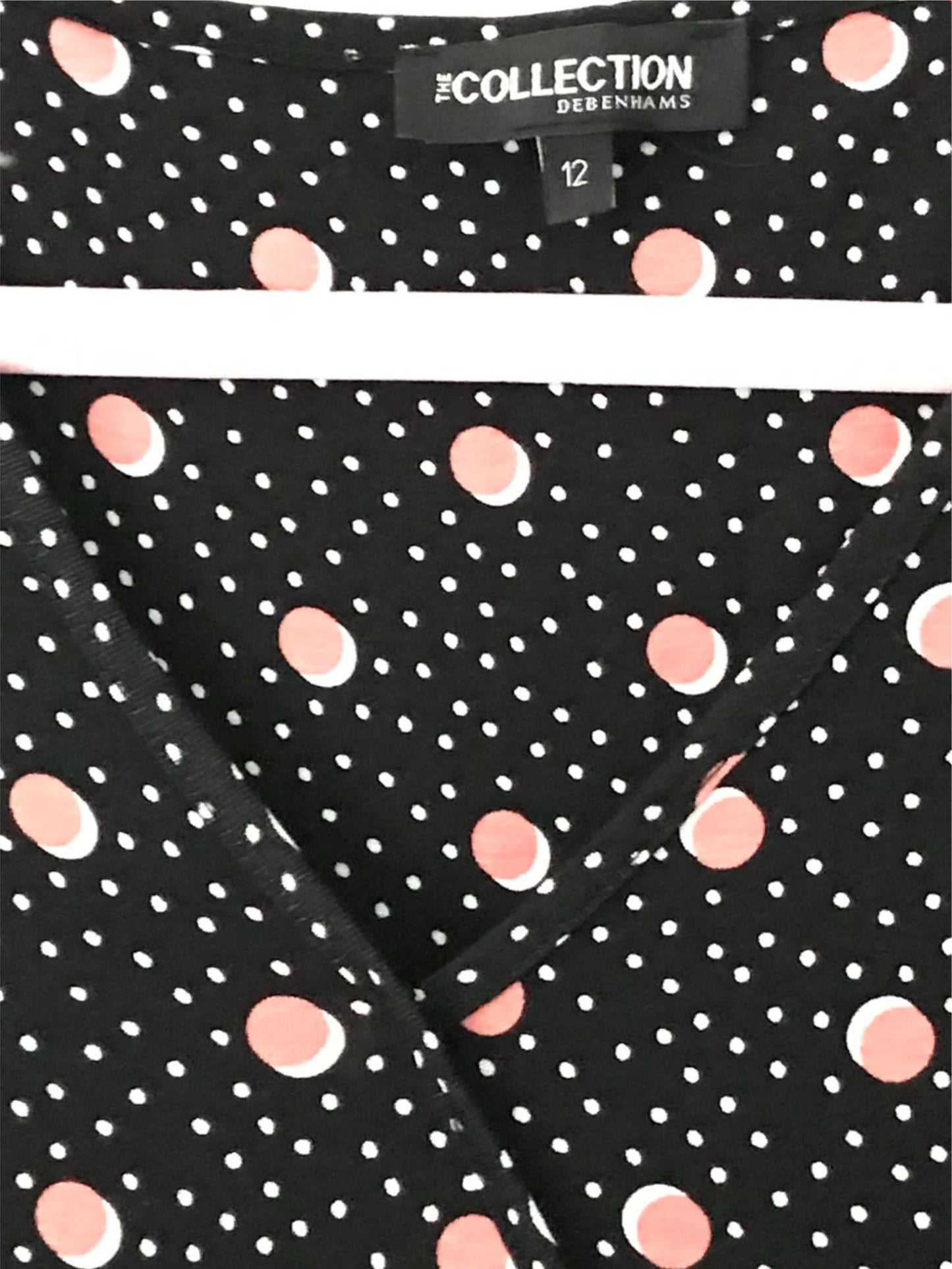 Debenhams Collection Size 12 Dress. Black Pink Spotty Crossover Bust Christmas Party Tea Dress