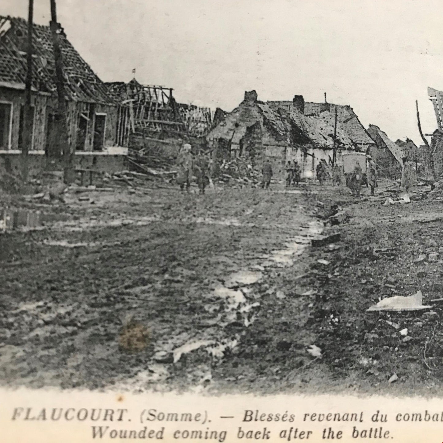 WWI INTEREST Antique Postcard FLAUCOURT The Somme Wounded returning from battle