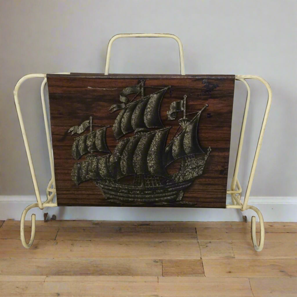Vintage 1950s / 1960s Mid-Century metal magazine rack - Atomic - Brown Ship / Galleon Design