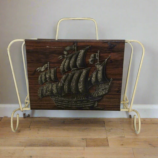 Vintage 1950s / 1960s Mid-Century metal magazine rack - Atomic - Brown Ship / Galleon Design