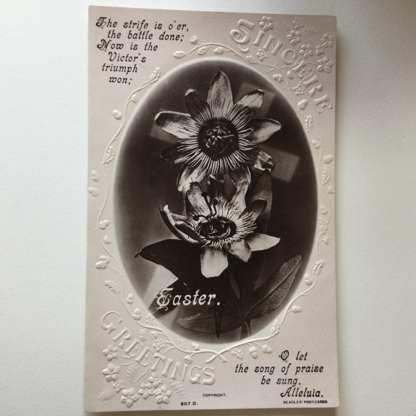 Vintage EASTER Greetings postcard photo of passion flowers nice poem embossed