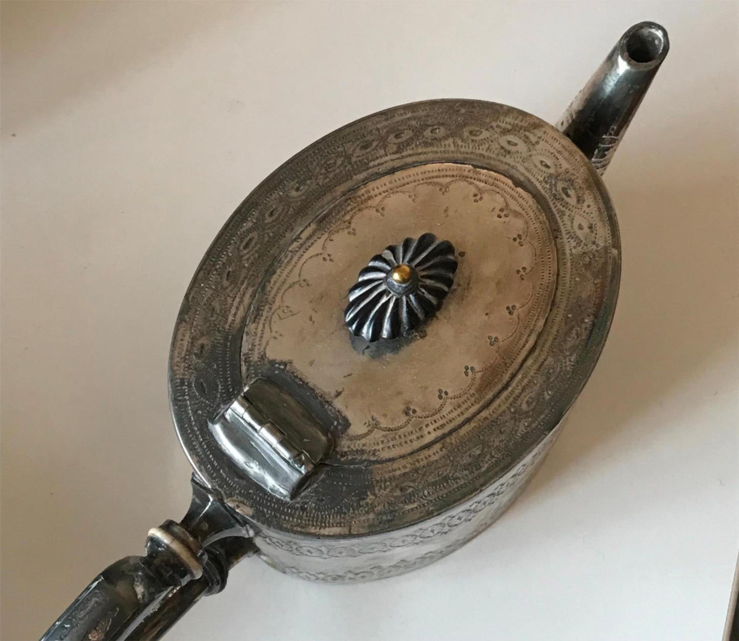 Beautiful vintage silver plated teapot. Unknown age and maker. Engraved. Elegant