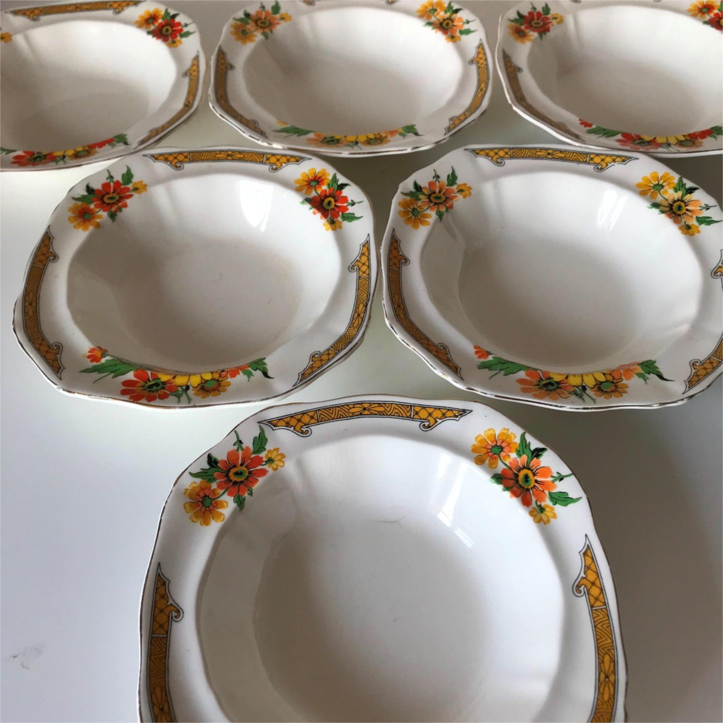 Vintage ALFRED MEAKIN Harmony shape Art Deco dessert bowls x 6 Marigold design