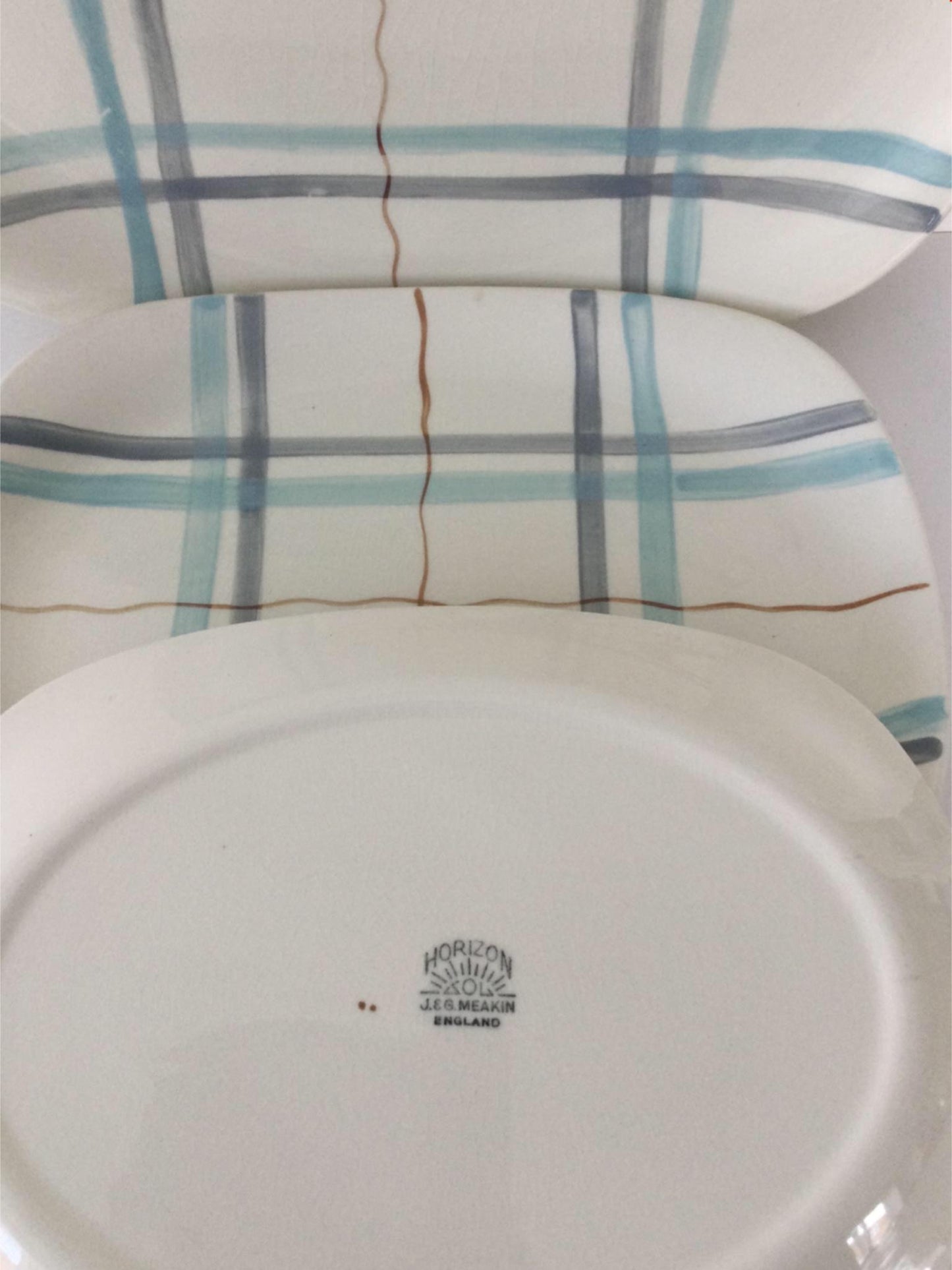 3 x Vintage Retro 1950s serving platters J & G Meakin Horizon blue grey stripes