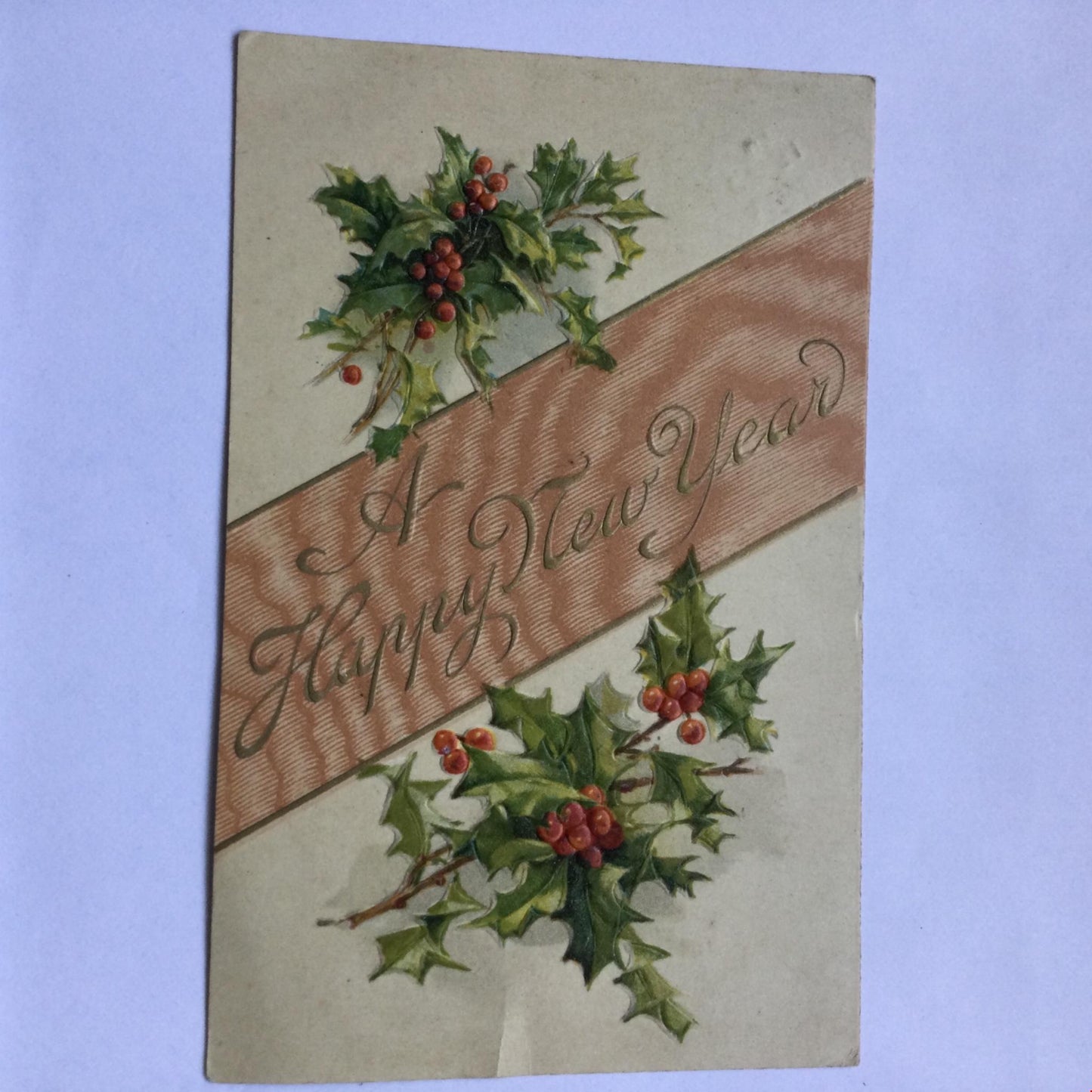 HAPPY NEW YEAR ANTIQUE Edwardian Greetings Postcard EMBOSSED HOLLY POSTED