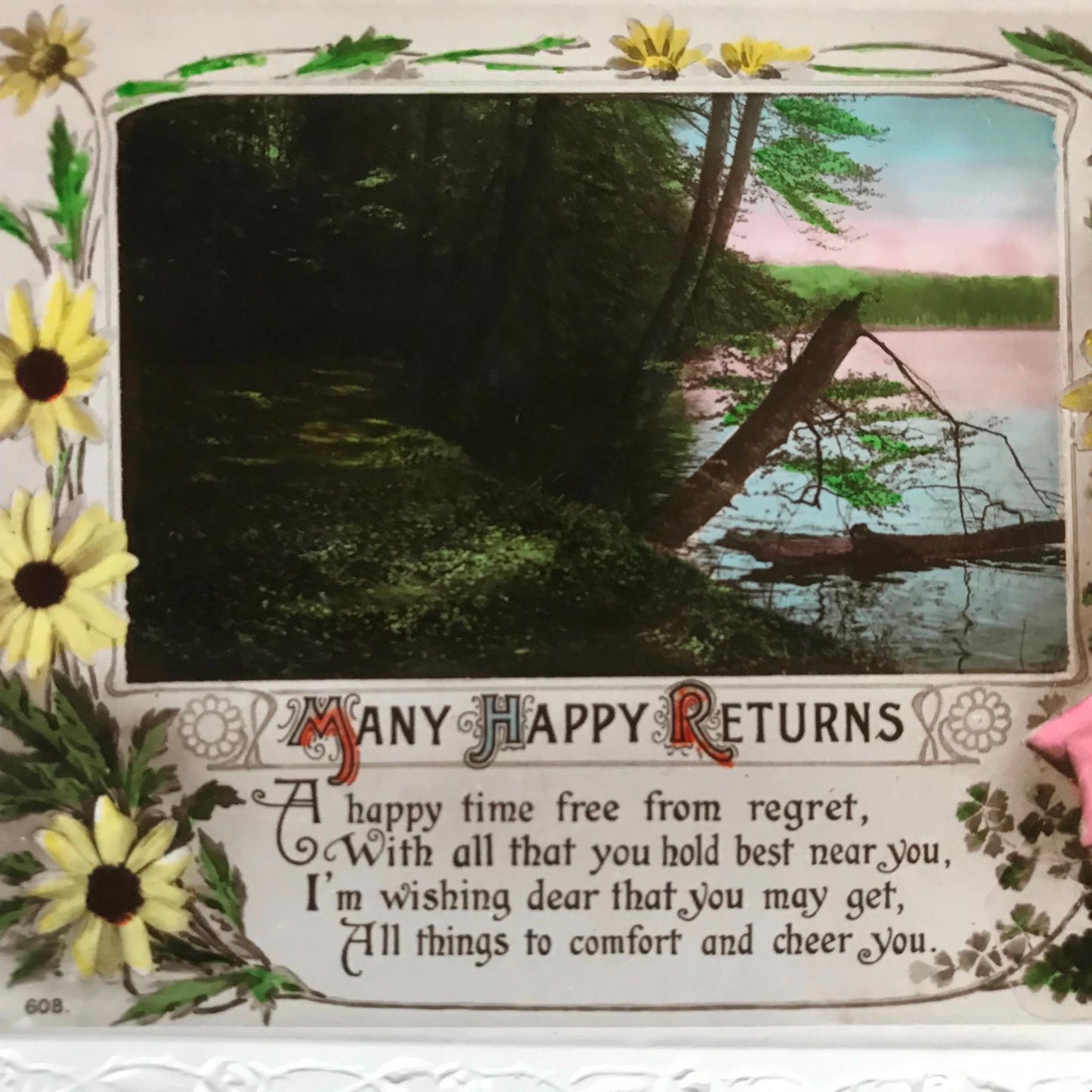 Vintage BIRTHDAY Greetings Postcard 1923 1920s pretty flowers, lake scene, poem