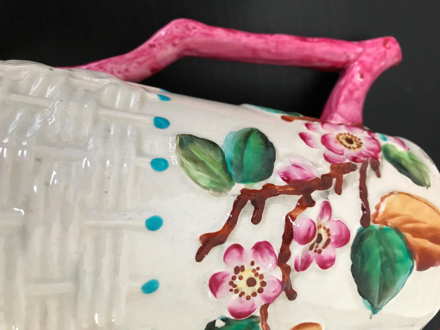 VINTAGE RETRO Pink floral Art Deco Style Jug Vase Pitcher Cherry blossom weave