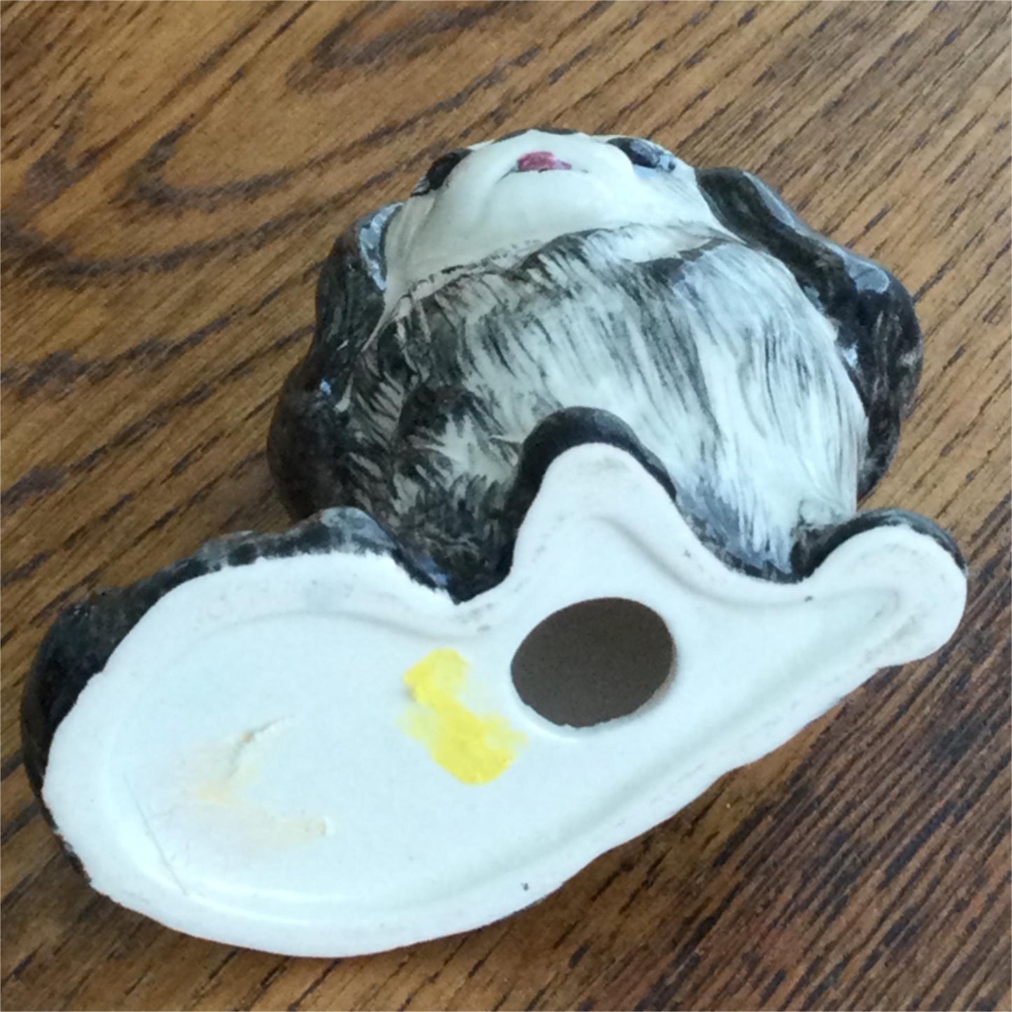 Cute Vintage black and white Pekingese dog retro kitsch pastel blue bow 7cm 50s 60s