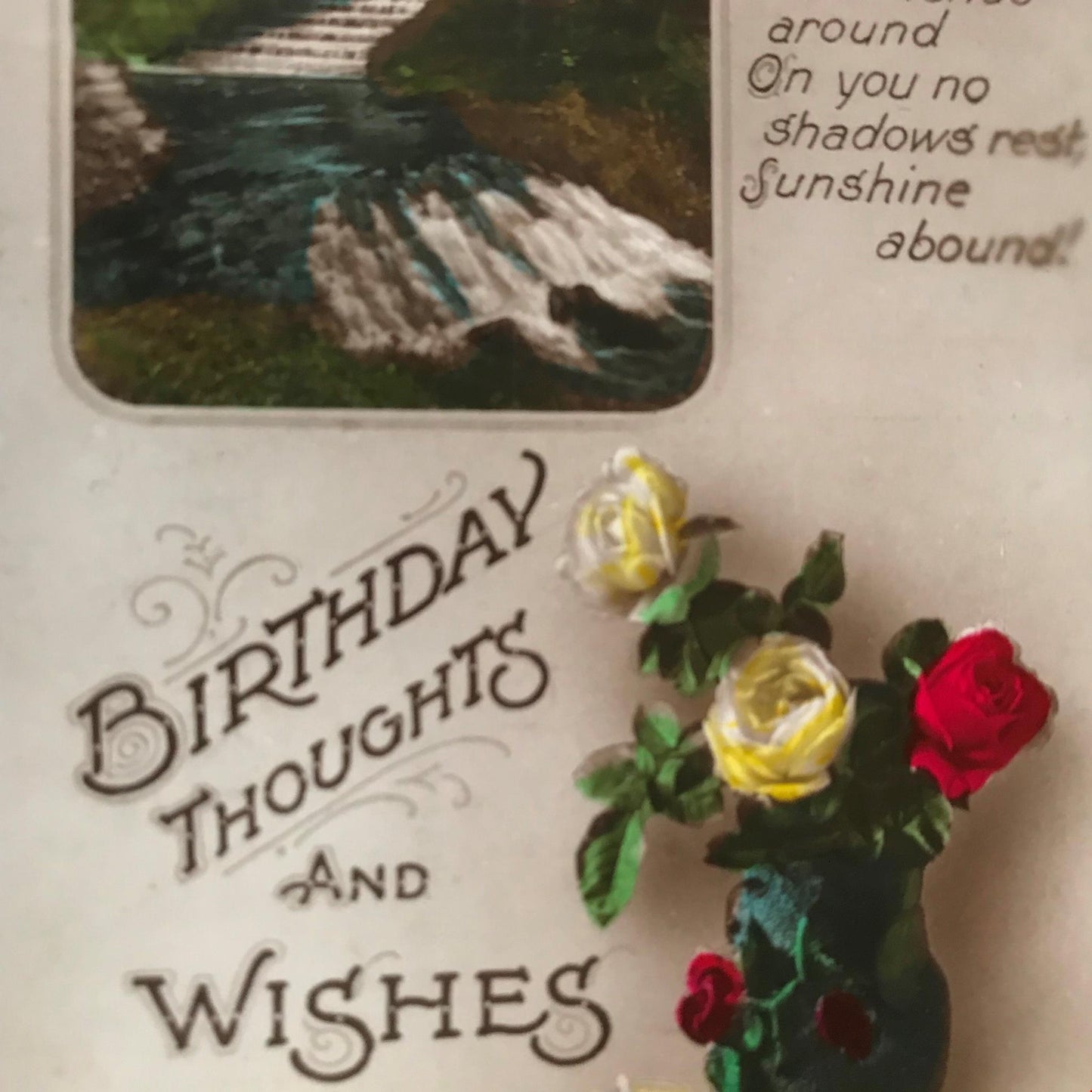 Vintage BIRTHDAY Greetings Postcard photo waterfall flowers nice poem