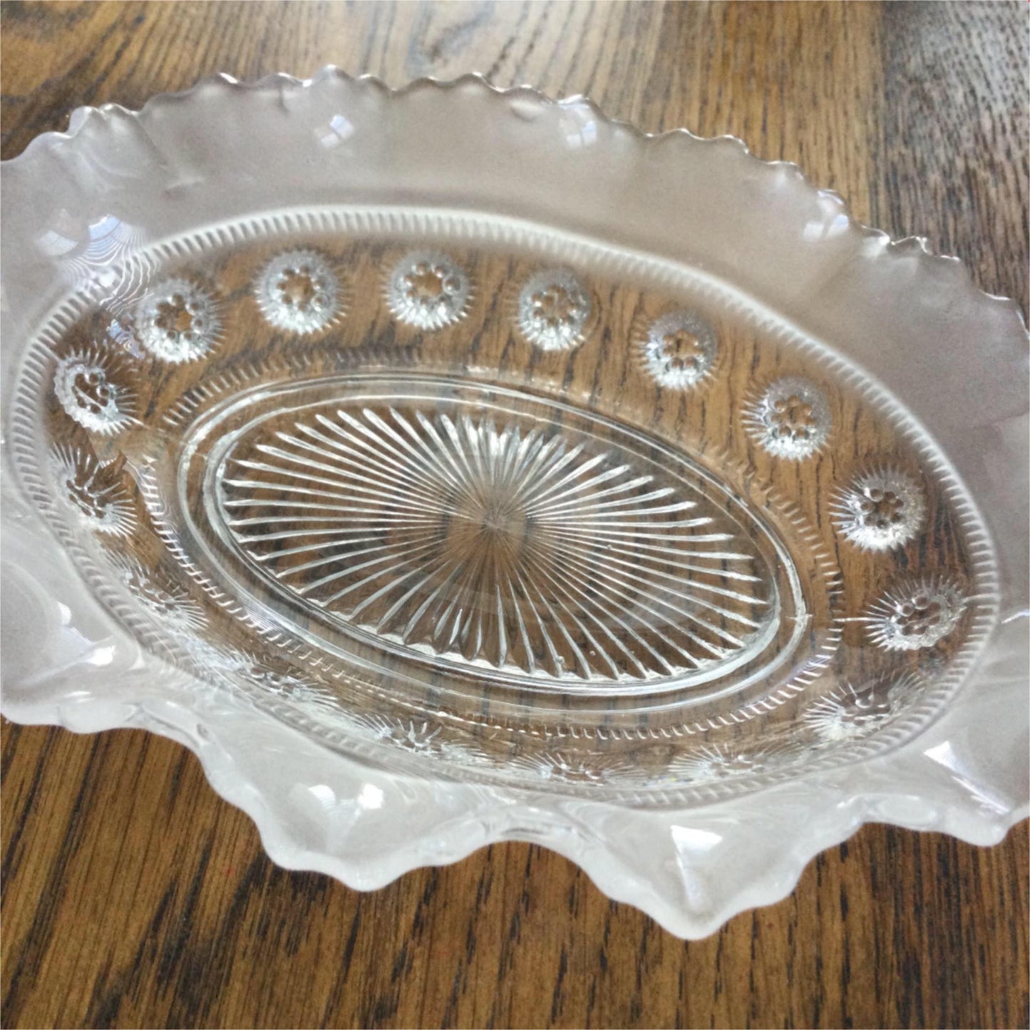 Vintage pressed glass trinket dish small bowl fluted edge, sand blasted