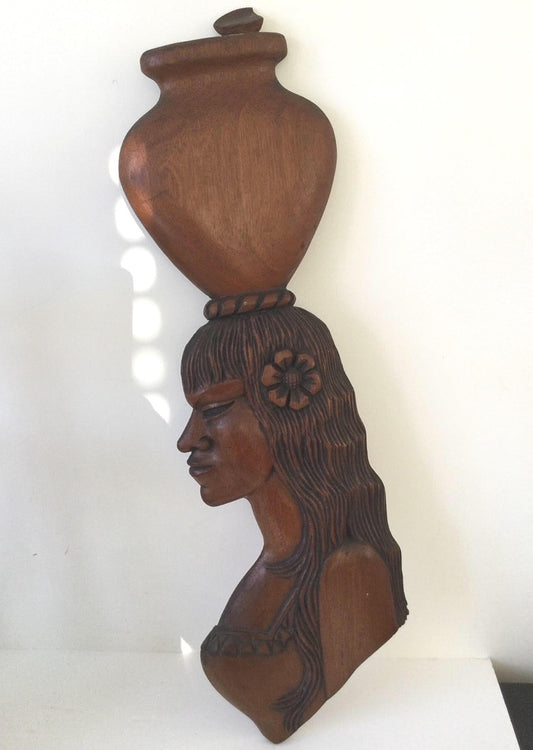 Large vintage carved wooden wall plaque decor woman carrying urn Pacific? 64cm