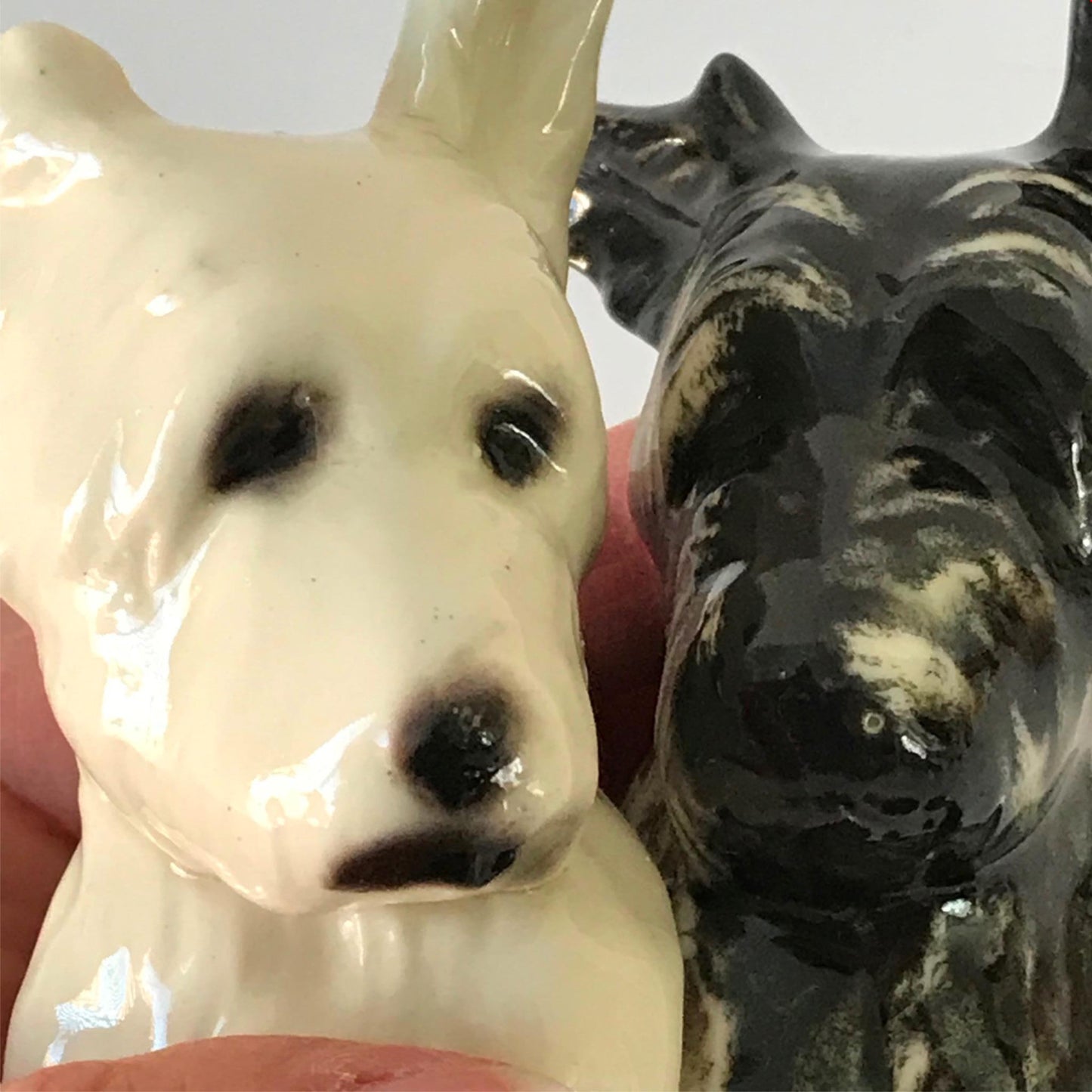 Cute vintage scottie / westie dog ornament - pair of small terriers black white pointed long ears