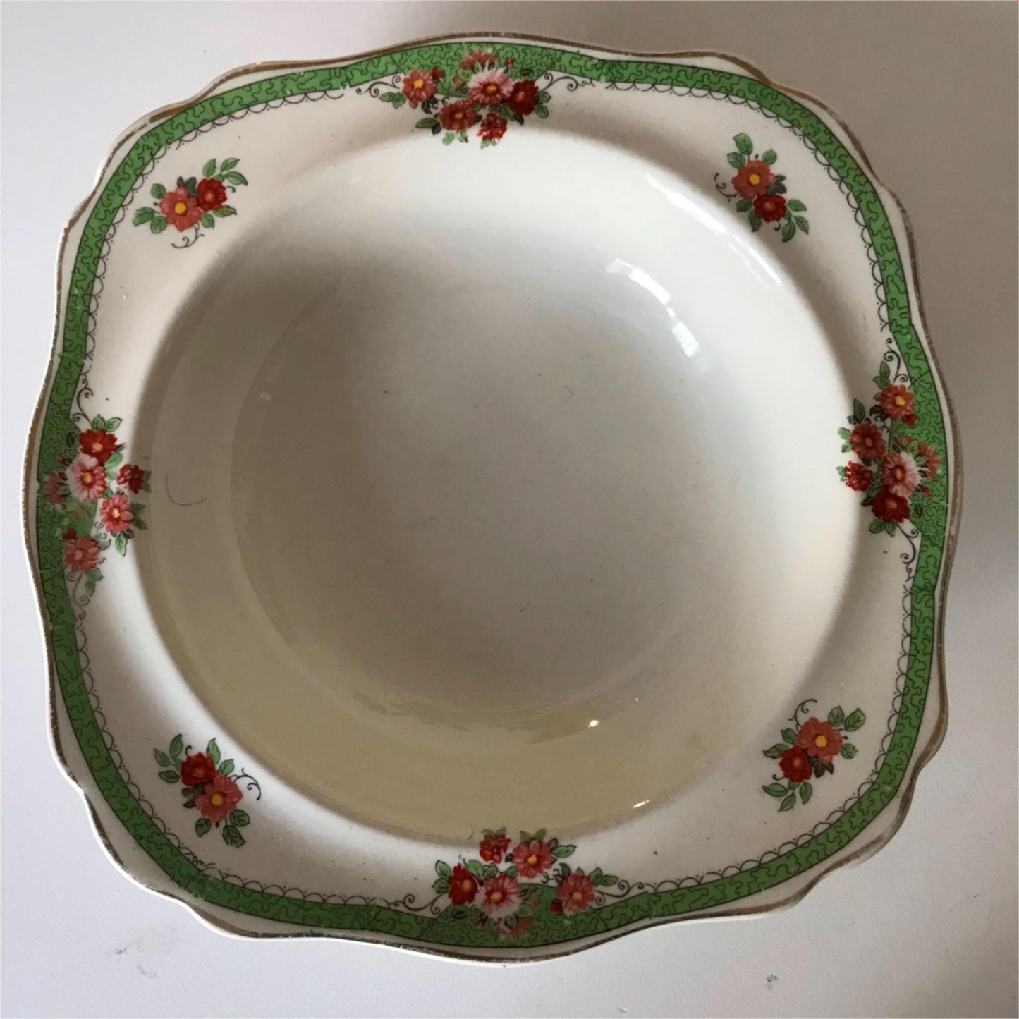Antique 1910s Edwardian J &G MEAKIN SOL Dessert bowl cream with Green rim & floral