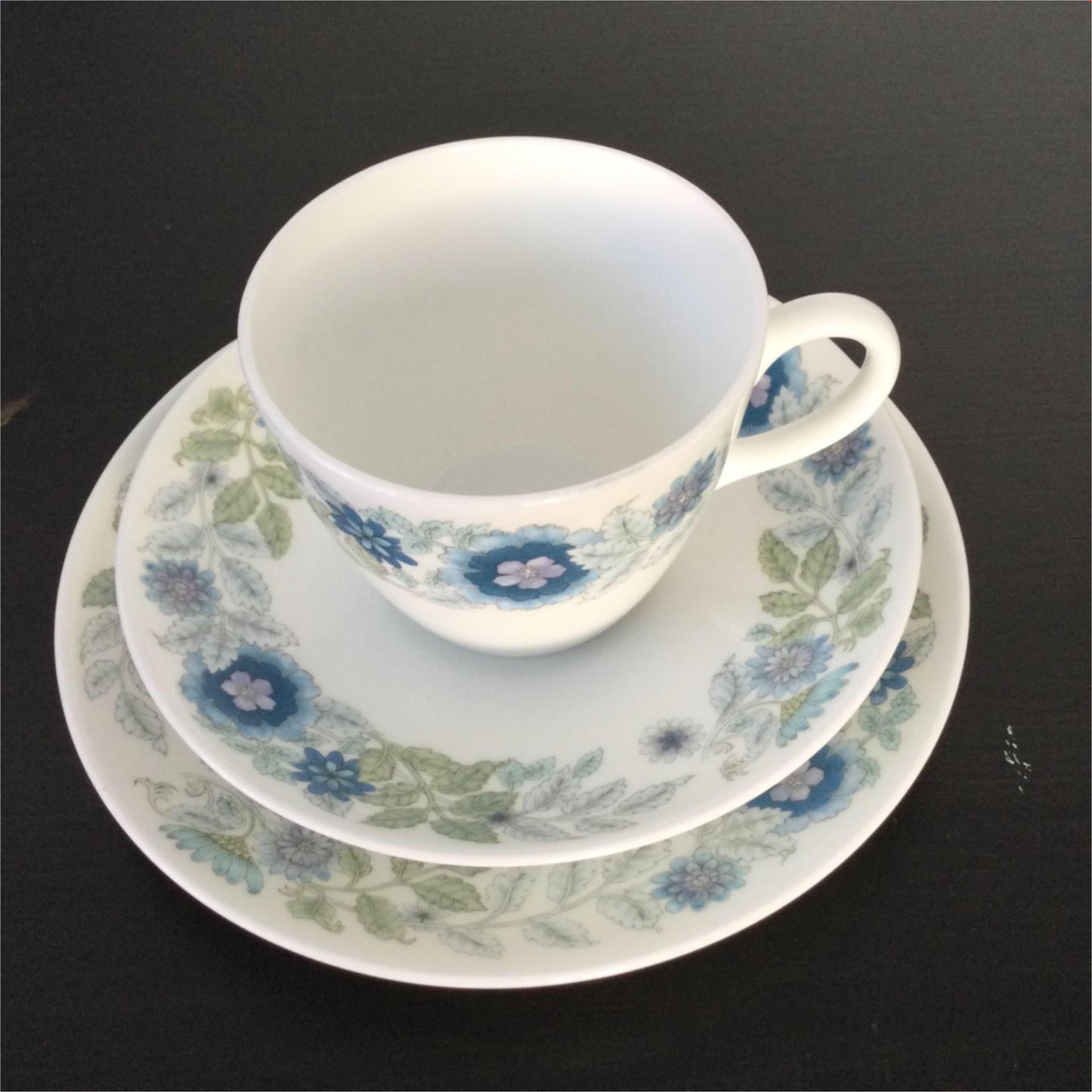 Tea Cup, Saucer & Plate trio 1970s 1980s Wedgwood Clementine blue white lilac green