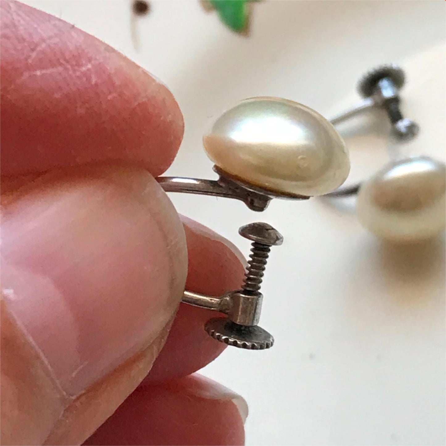 Vintage Sterling Silver Simulated Pearl Button Stud Earrings - Screw back classic non-pierced / clip on