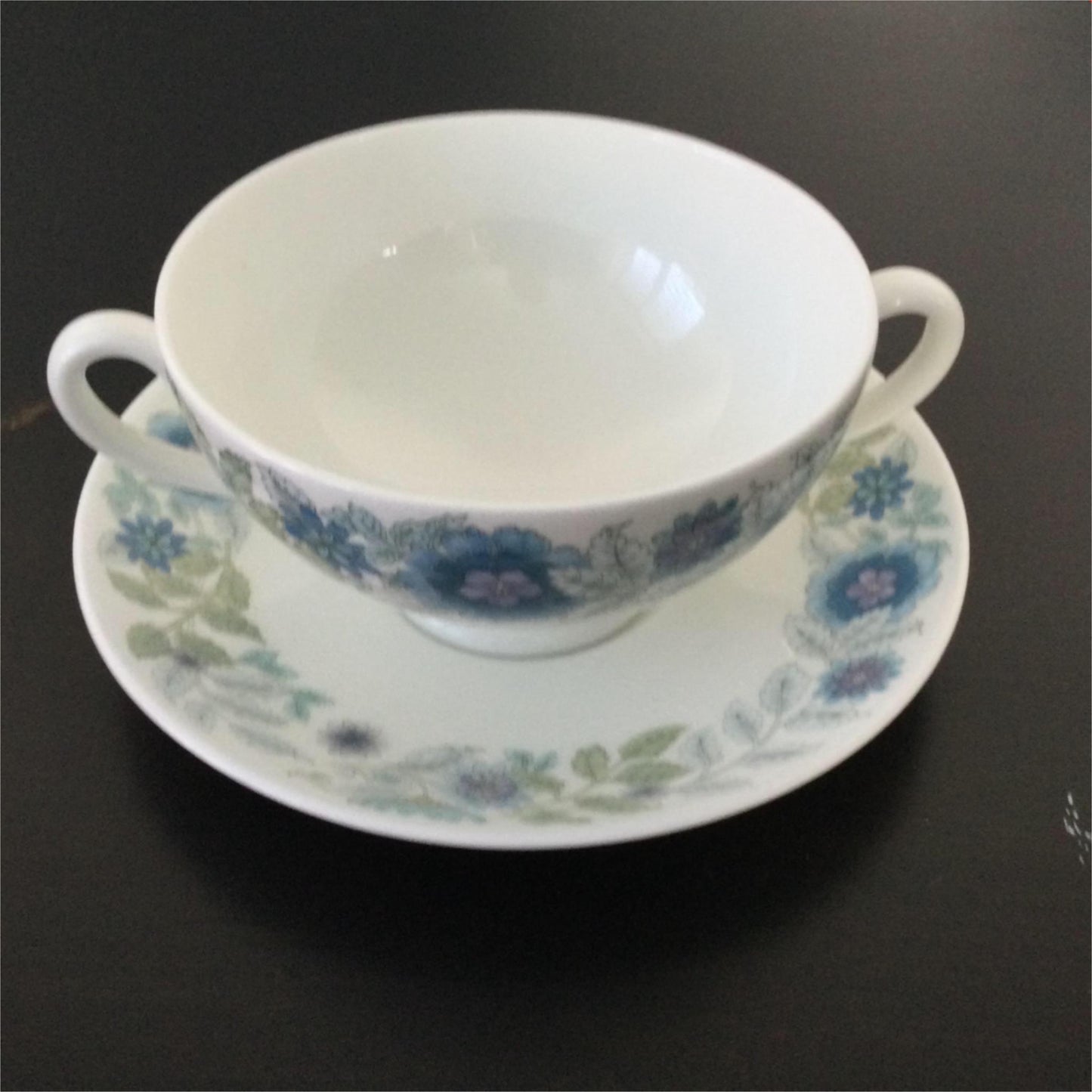 Retro starter course soup bowl & saucer 1970s 1980s Wedgwood Clementine blue white lilac green hot chocolate bowl