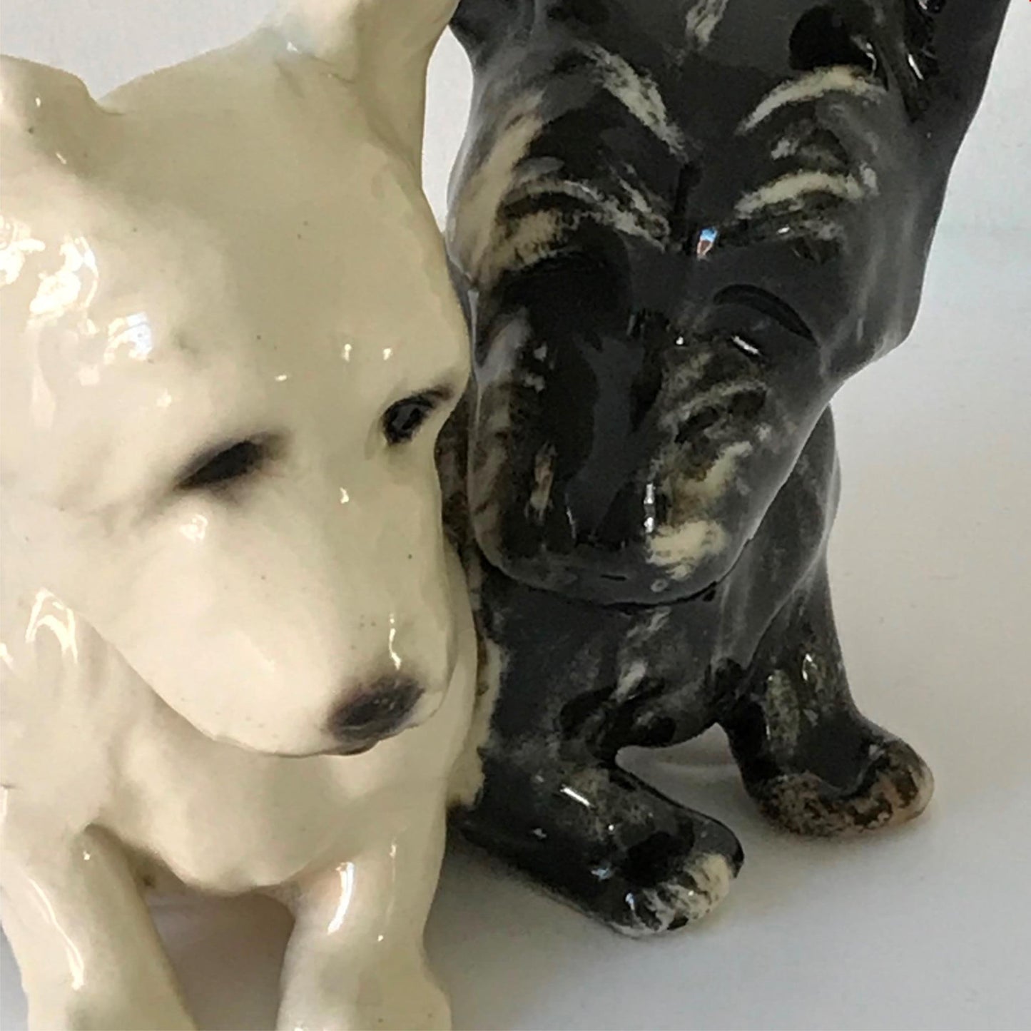 Cute vintage scottie / westie dog ornament - pair of small terriers black white pointed long ears