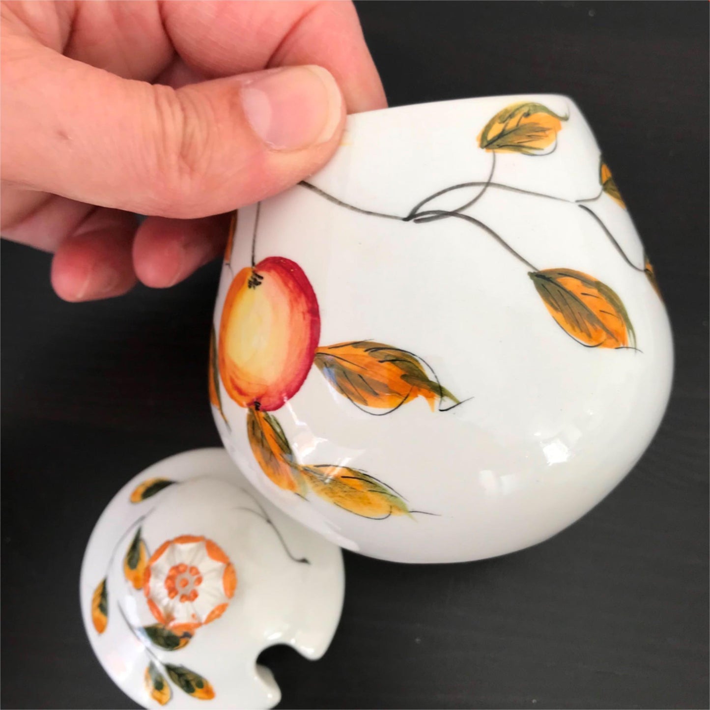 Vintage Italian ceramic pottery lidded jam pot. Apple design. Retro, painted Rustic