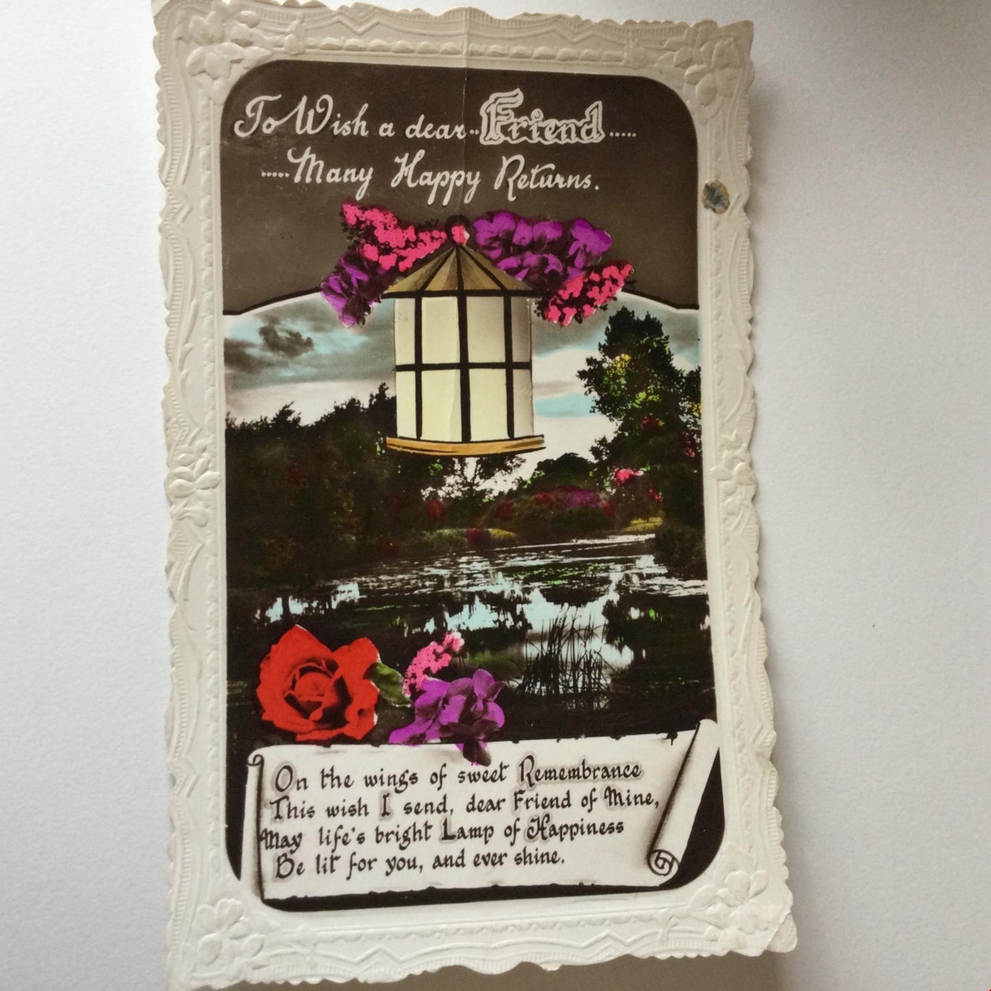 Vintage BIRTHDAY Greetings Postcard DEAR FRIEND hand tinted pretty lake