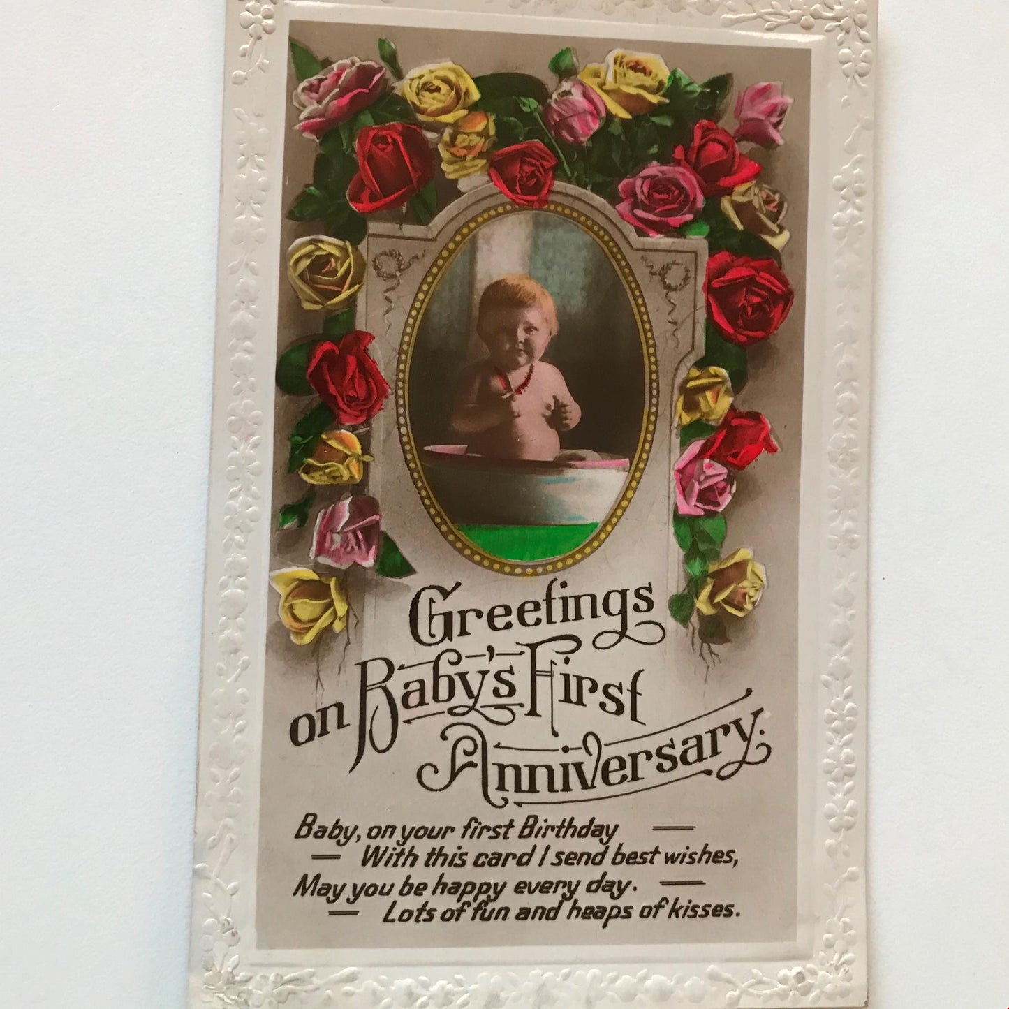 Vintage BABY'S FIRST BIRTHDAY ANNIVERSARY Greetings Postcard RP Baby roses 1927