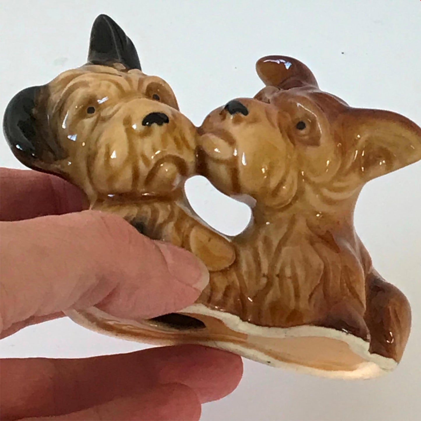 Cute vintage dog ornament - pair of small terriers brown cute puppies playing